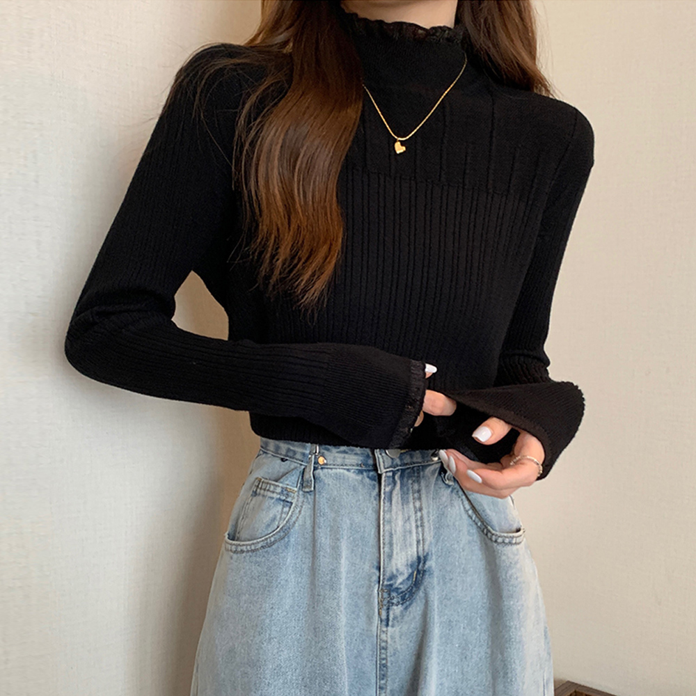 タートルネックニットシャツ フリルデザイン 長袖 レディース