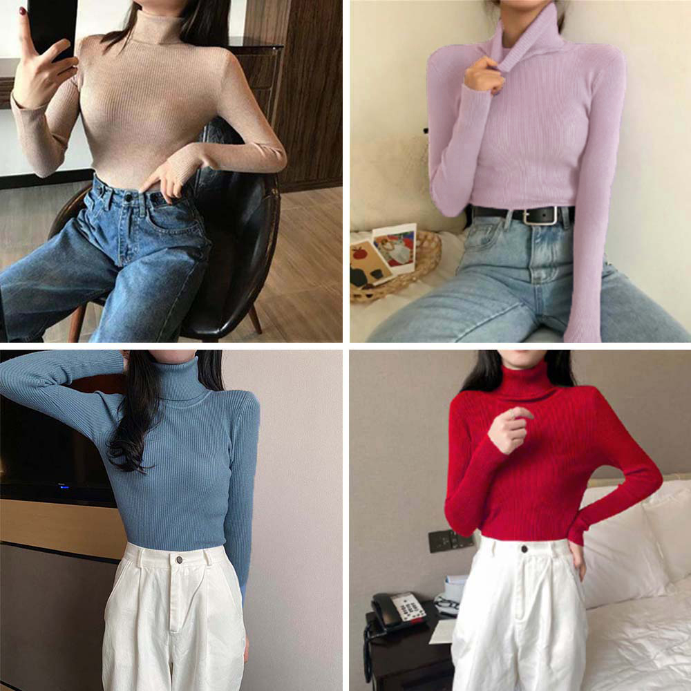 リブ編みタートルネック長袖ニットシャツ　レディース