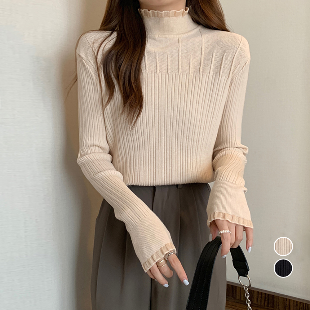 タートルネックニットシャツ フリルデザイン 長袖 レディース