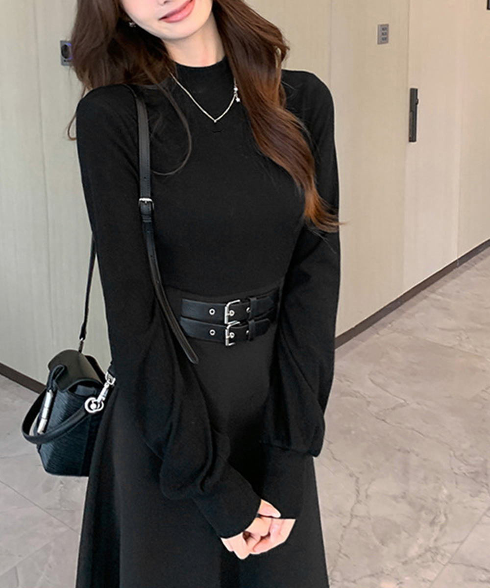 タートルネック ベルト飾り長袖ロングワンピース体型カバー　レディース　長袖