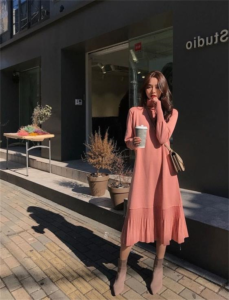 着回し抜群タートルネック編み地ワンピース長袖　レディース