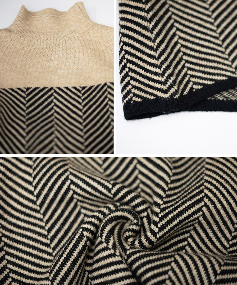 配色幾何学模様セーター タートルネック レディース　長袖
