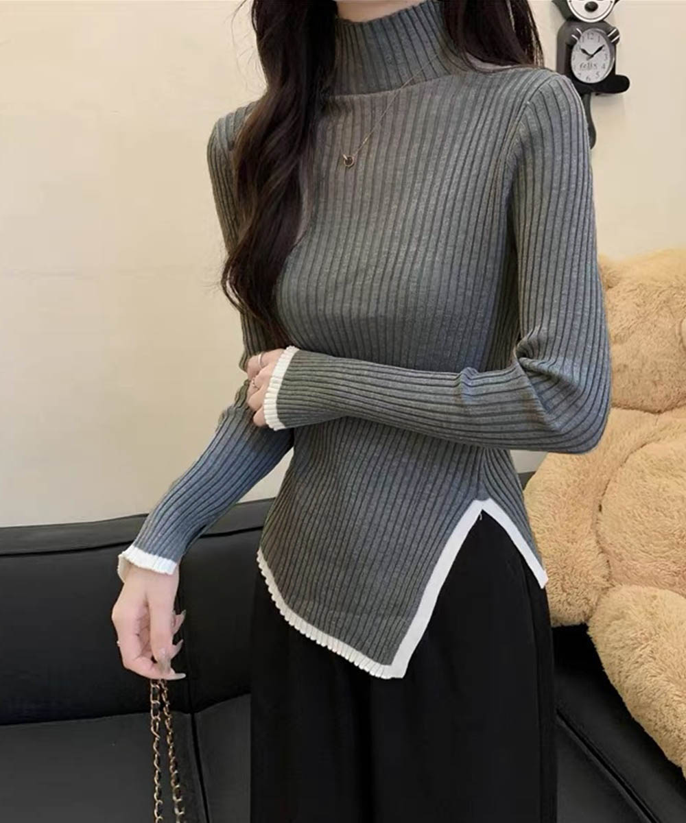 配色ライン入りタートルネックリブニットシャツ　レディース　長袖