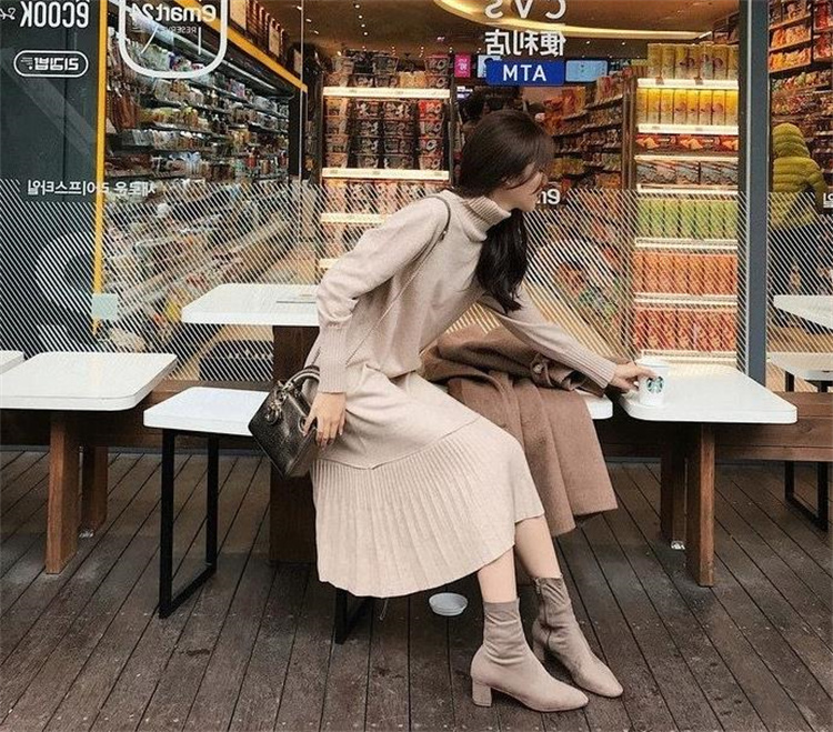 着回し抜群タートルネック編み地ワンピース長袖　レディース