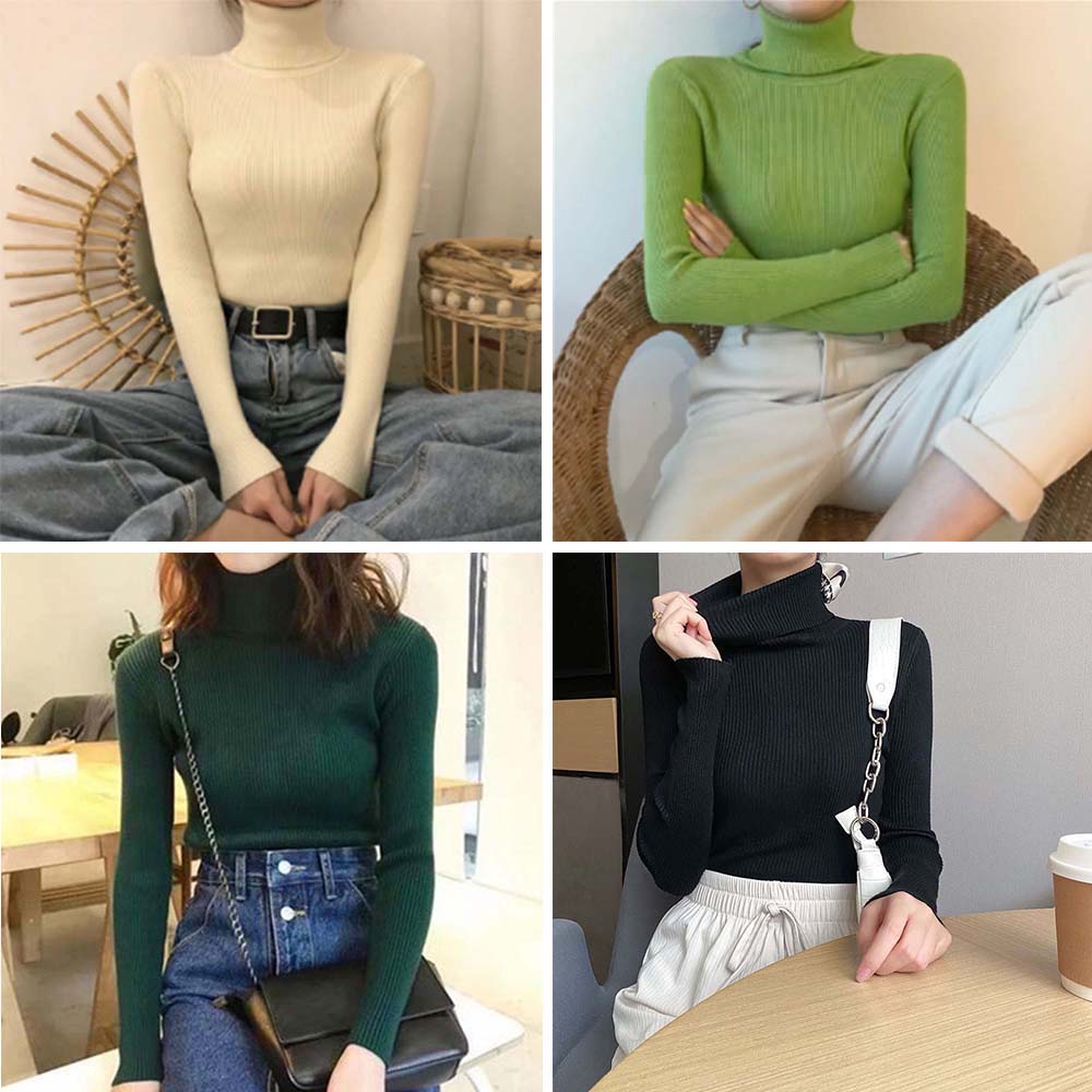 リブ編みタートルネック長袖ニットシャツ　レディース