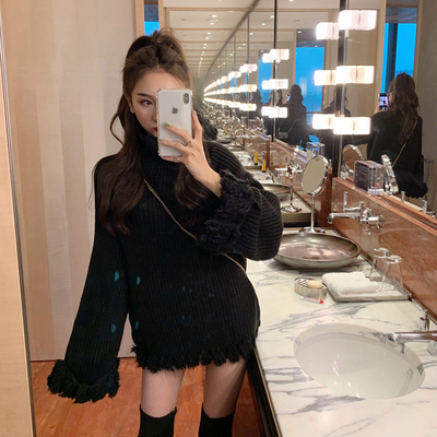 韓国風ストラップ付きタートルネックセーター長袖ニット