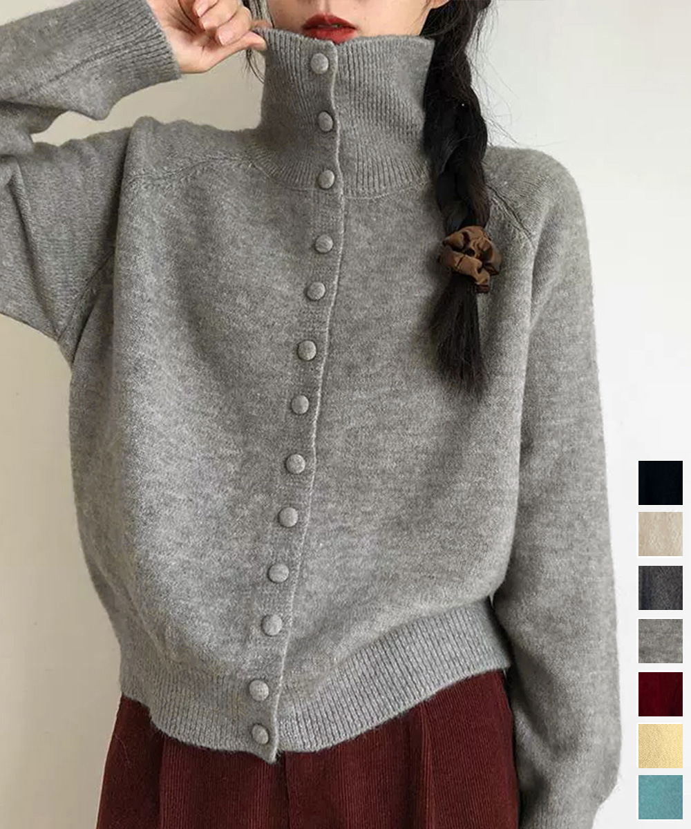 丸ボタンタートルネックニットカーディガン　レディース　長袖