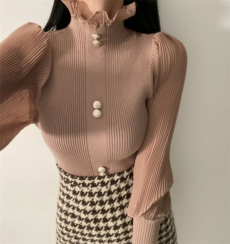 タートルネック　シフォン袖  リブニット シャツ
