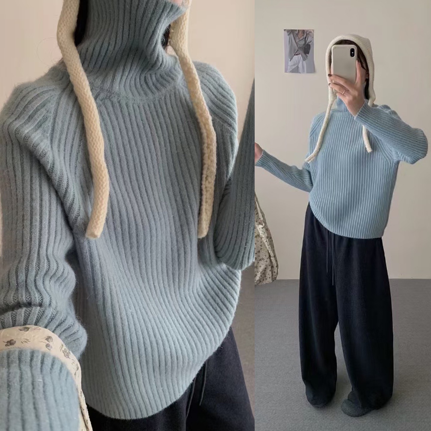 今季必須アイテム 厚手リブ編みタートルネックセーター