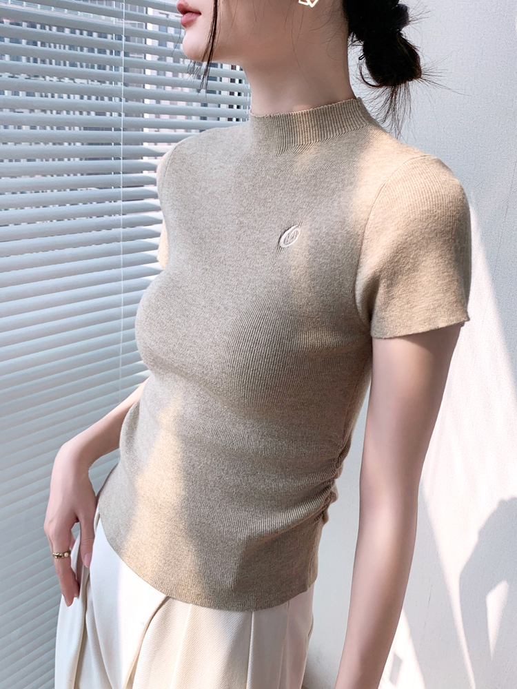 タートルネック刺繍入り半袖ニット