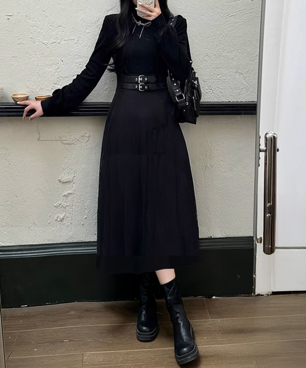 タートルネック ベルト飾り長袖ロングワンピース体型カバー　レディース　長袖