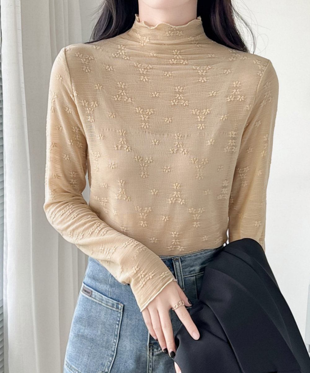 タートルネック　レディース　長袖　花柄タートルネックシースルーシャツ