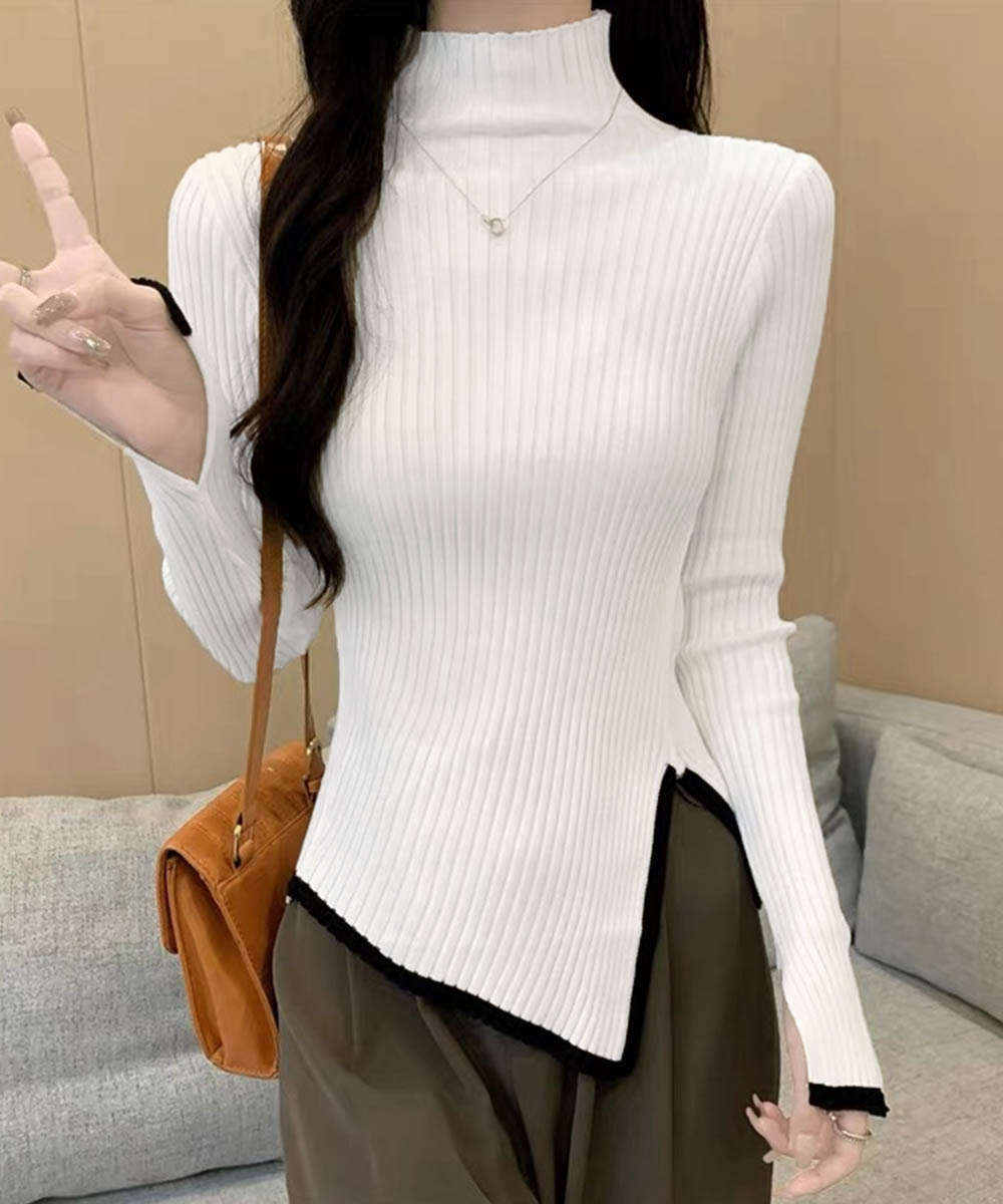 配色ライン入りタートルネックリブニットシャツ　レディース　長袖