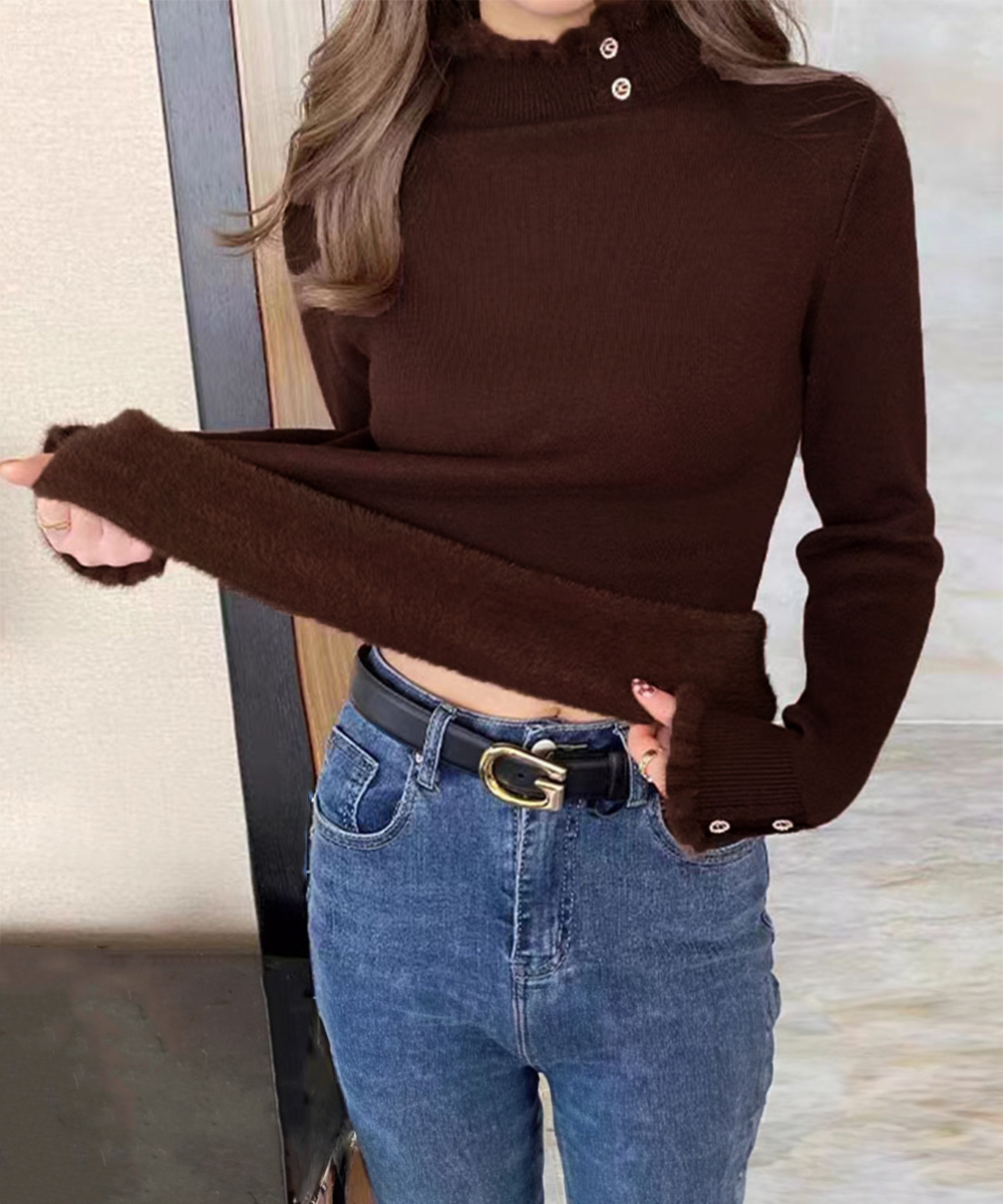 タートルネック 裏起毛フリル襟ニットシャツ金ボタン付き