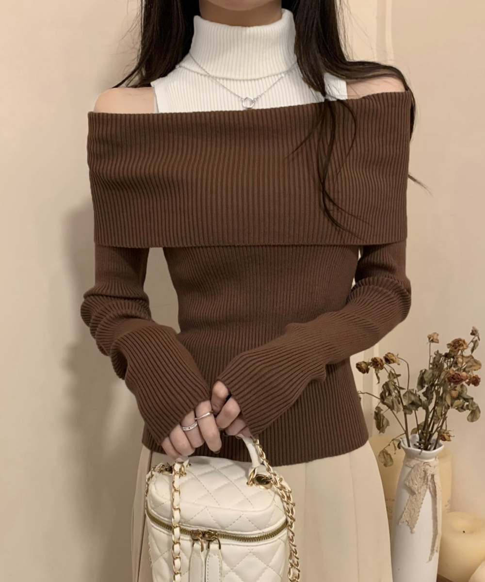 タートルネック　レディース　長袖　リブ編み　美シルエット　肩あき ニット