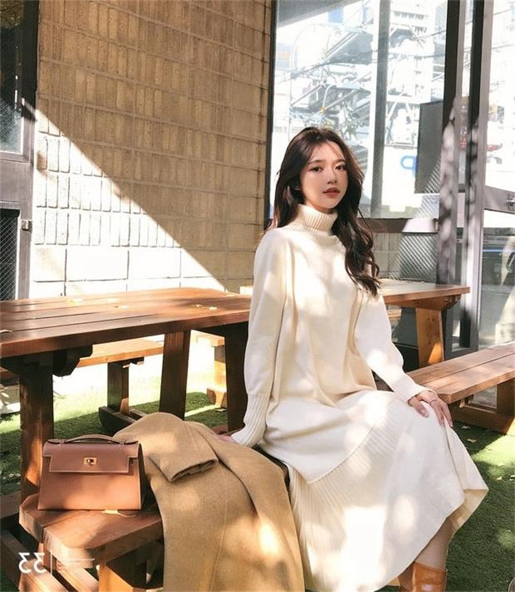 着回し抜群タートルネック編み地ワンピース長袖　レディース