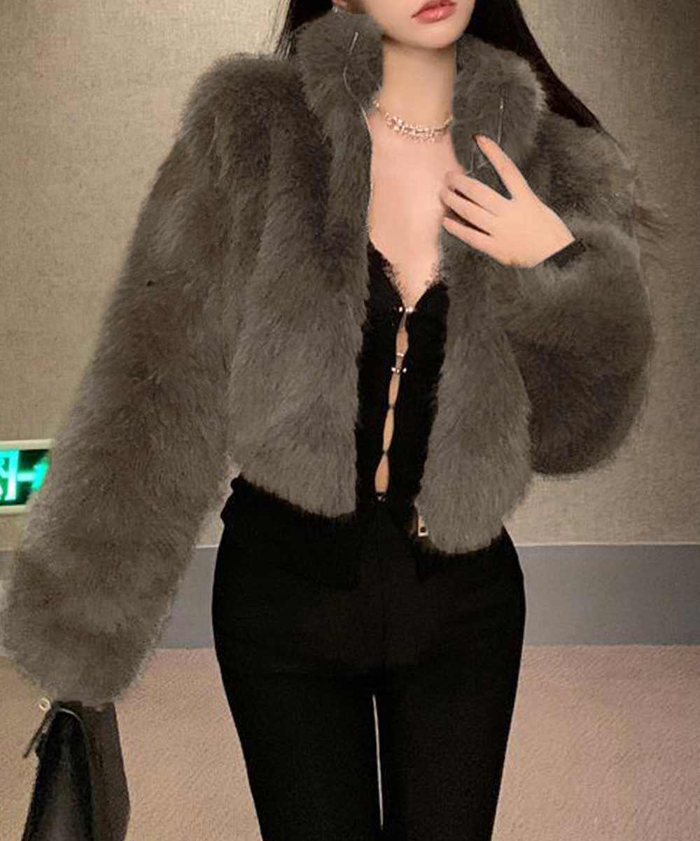タートルネック もこもこ人工毛皮ジャケット 冬用ふわふわ短丈羽織物　レディース　長袖