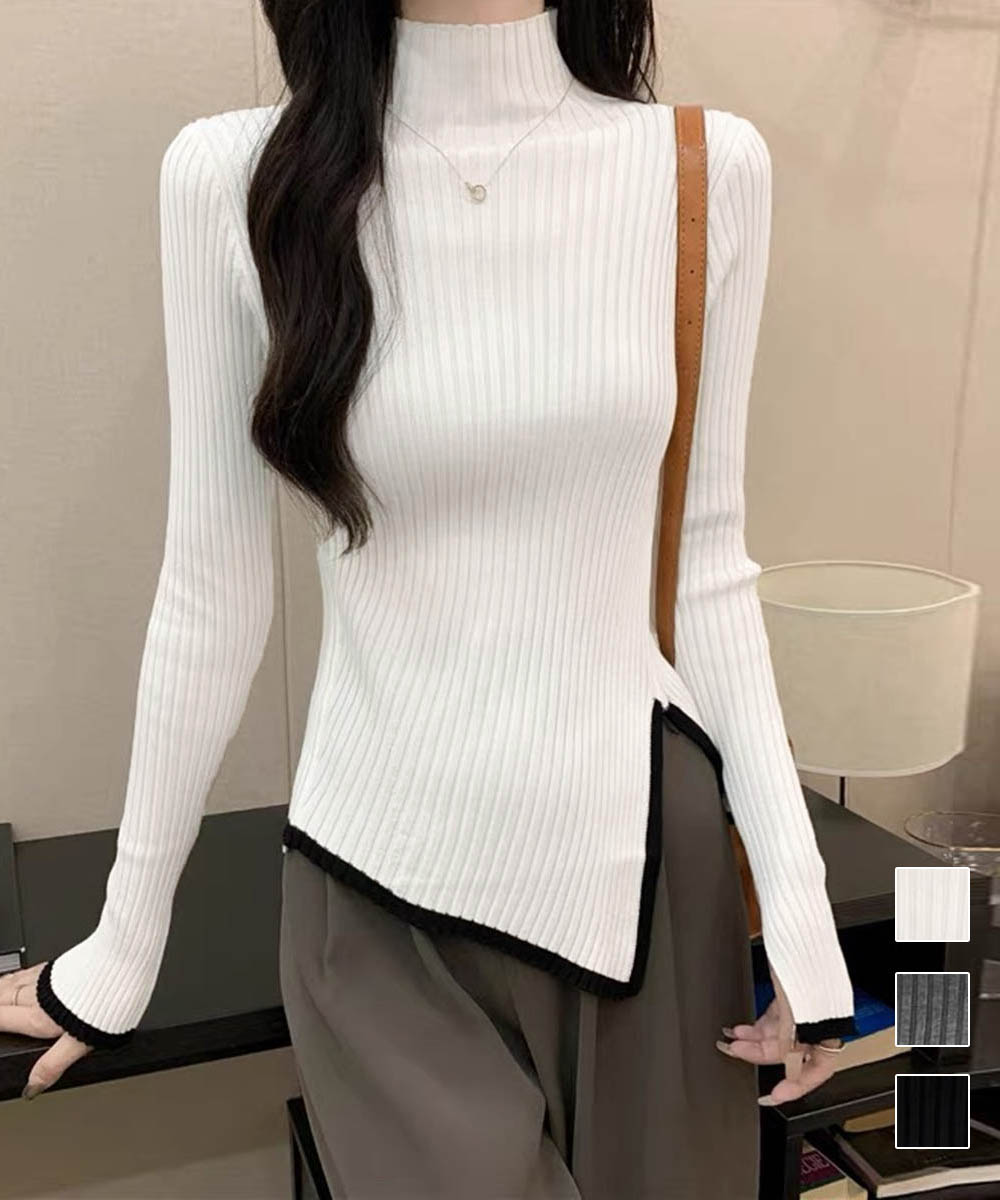 配色ライン入りタートルネックリブニットシャツ　レディース　長袖