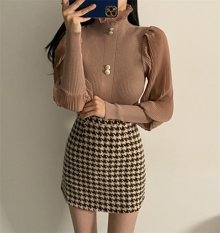 タートルネック　シフォン袖  リブニット シャツ