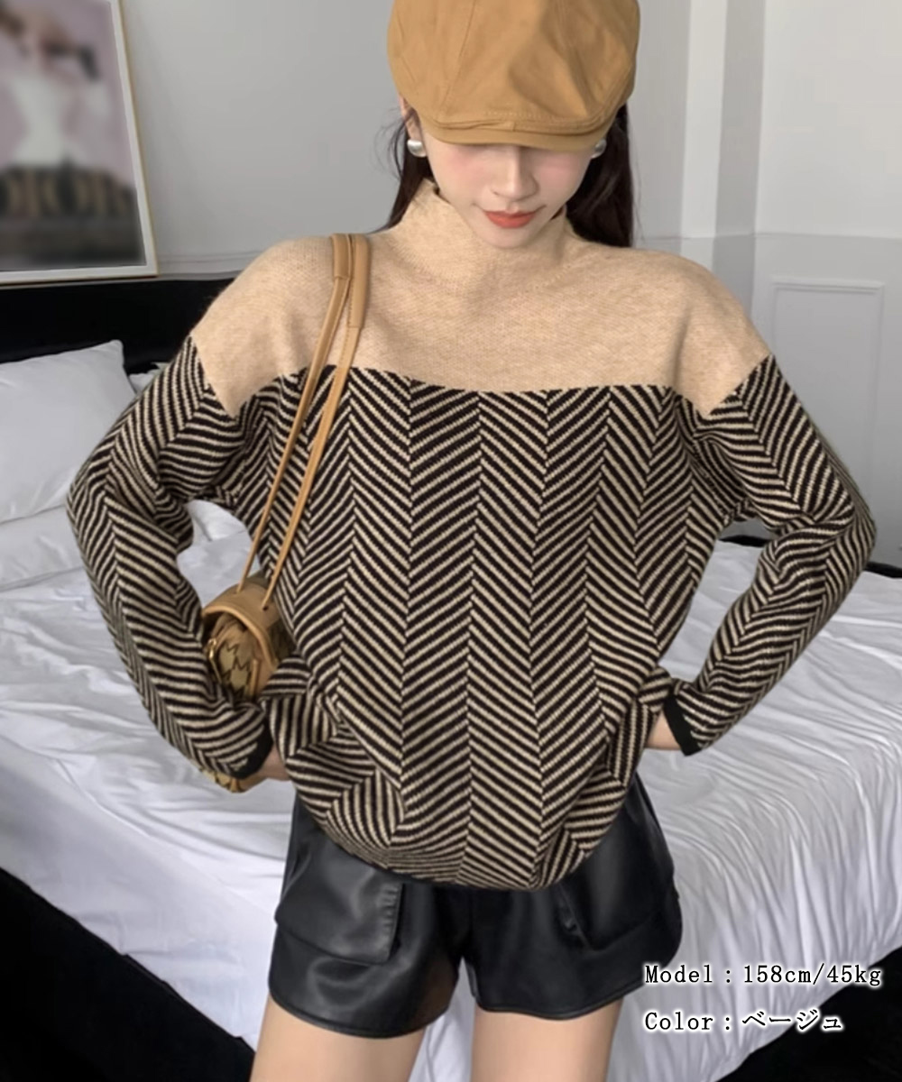 配色幾何学模様セーター タートルネック レディース　長袖