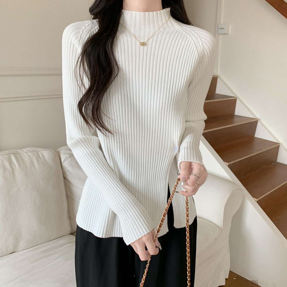 タートルネック リブニットシャツ サイドスリット　かわいい　綺麗系