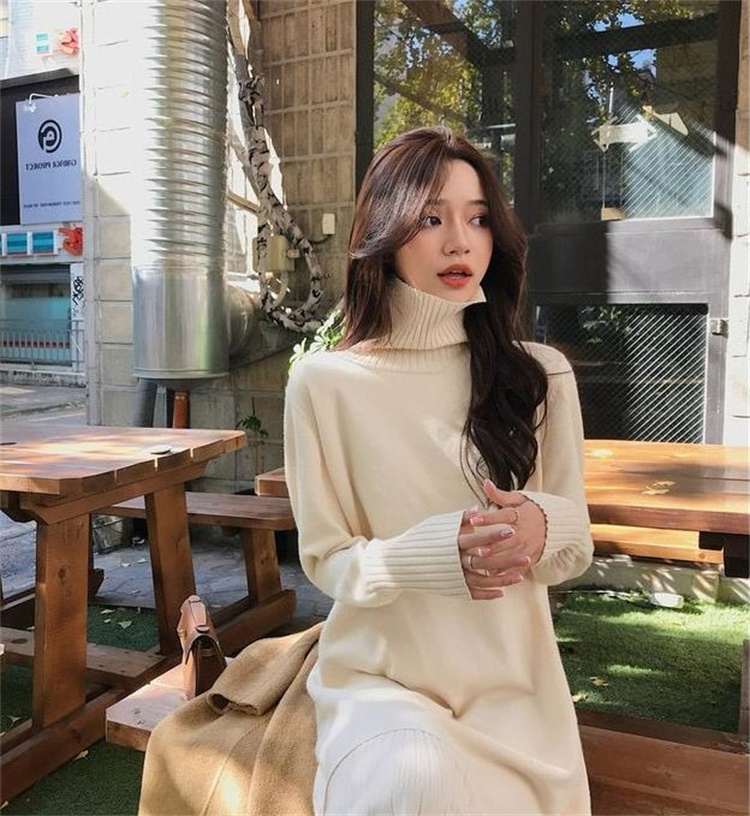 着回し抜群タートルネック編み地ワンピース長袖　レディース