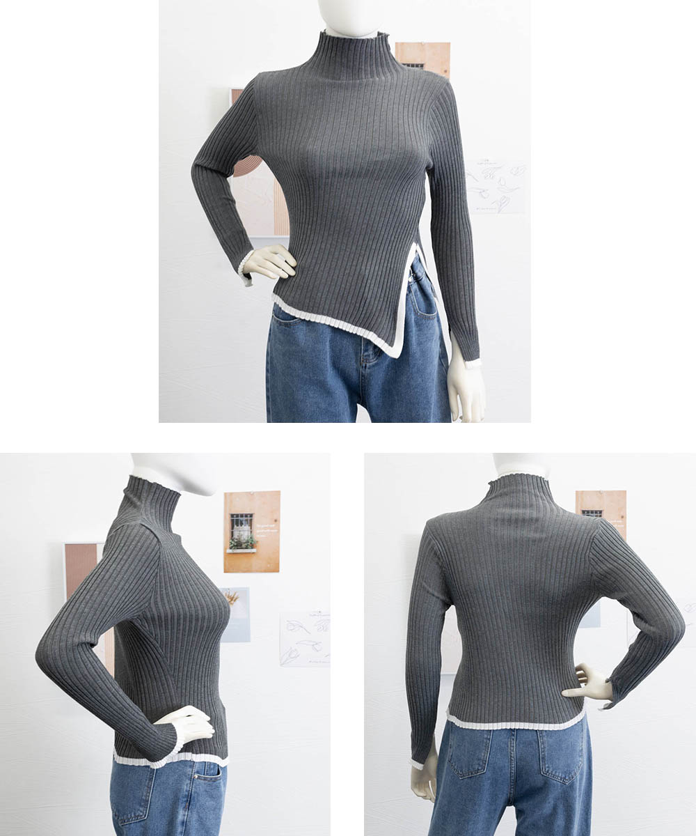 配色ライン入りタートルネックリブニットシャツ　レディース　長袖