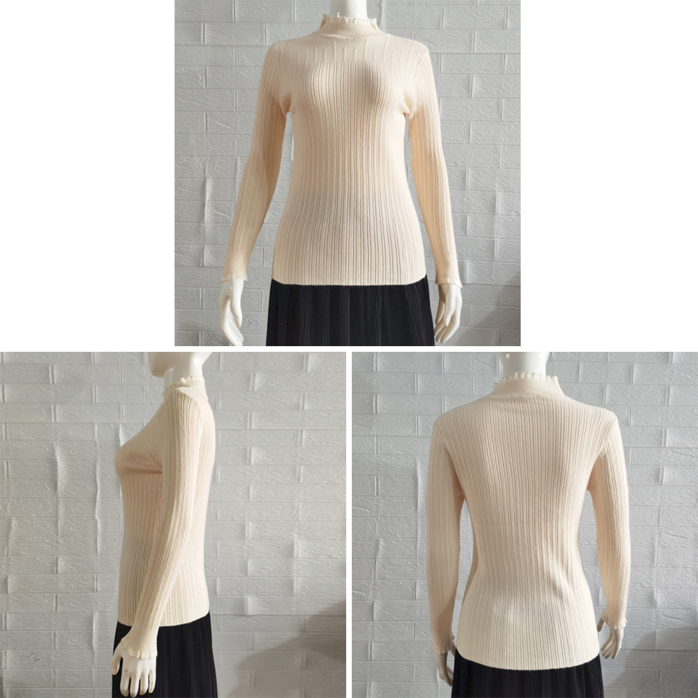 タートルネックニットシャツ フリルデザイン 長袖 レディース