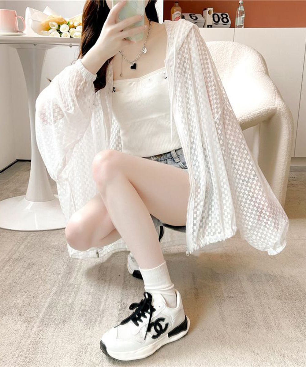 タートルネック フード付き透け感シアーカーディガン 夏用羽織り