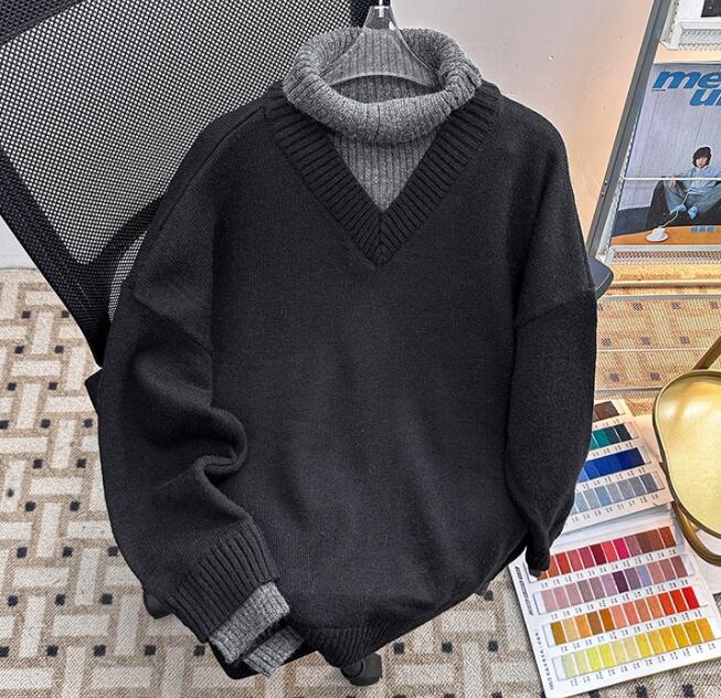 タートルネック メンズ 重ね着風 ニット セーター 保温　秋冬　長袖