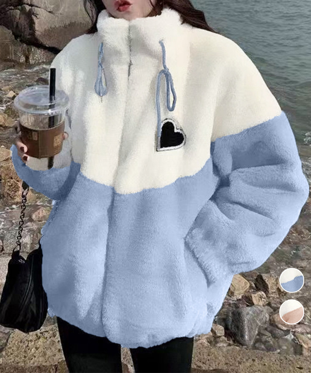 タートルネック 立ち襟ボア配色ジャケット ハート刺繍付き　レディース　長袖