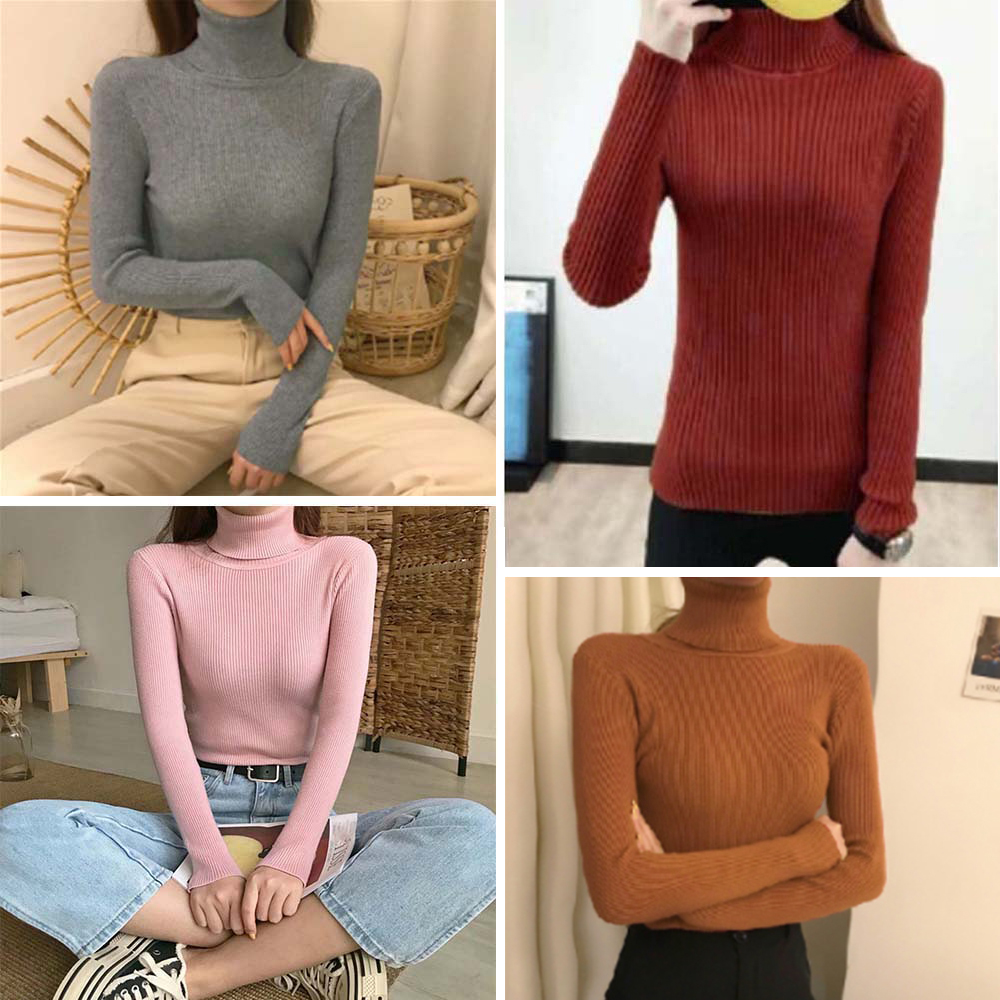 リブ編みタートルネック長袖ニットシャツ　レディース