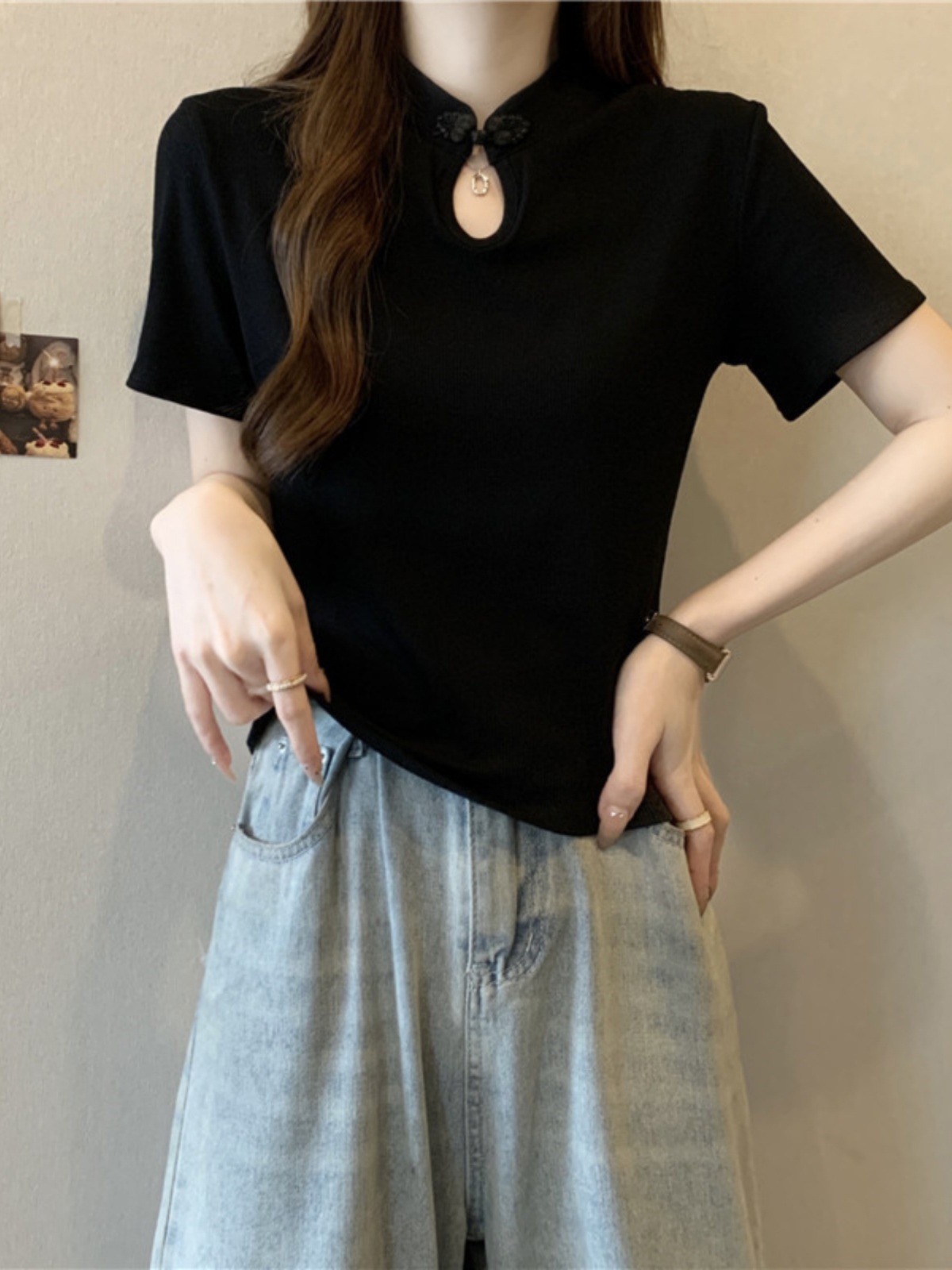タートルネック　チャイナ風半袖トップス