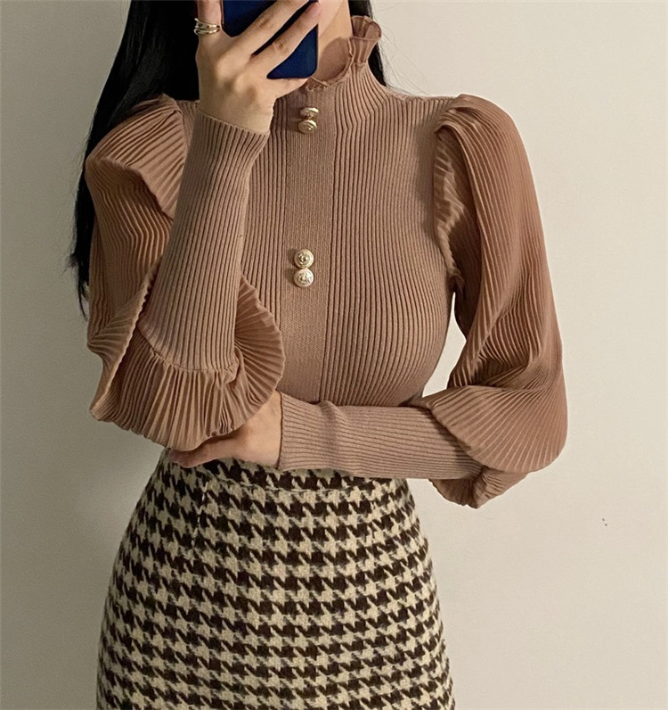 タートルネック　シフォン袖  リブニット シャツ