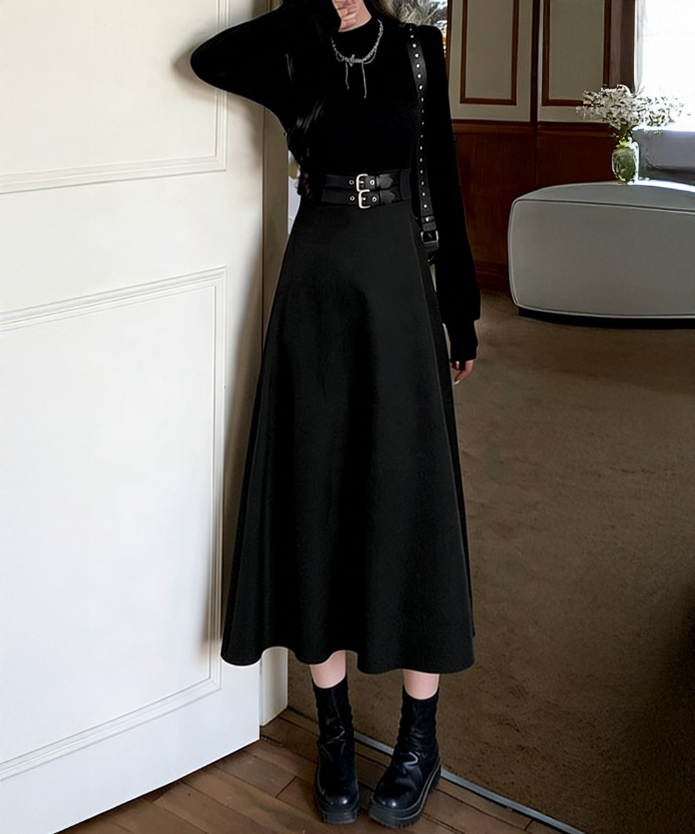 タートルネック ベルト飾り長袖ロングワンピース体型カバー　レディース　長袖