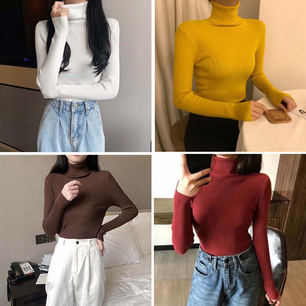 リブ編みタートルネック長袖ニットシャツ　レディース