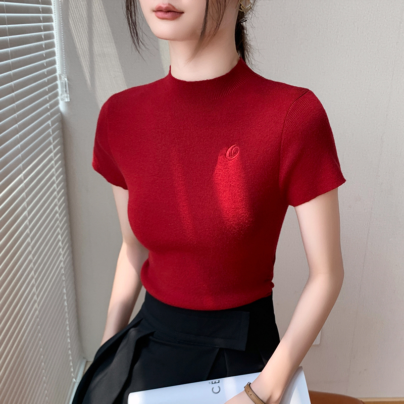 タートルネック刺繍入り半袖ニット
