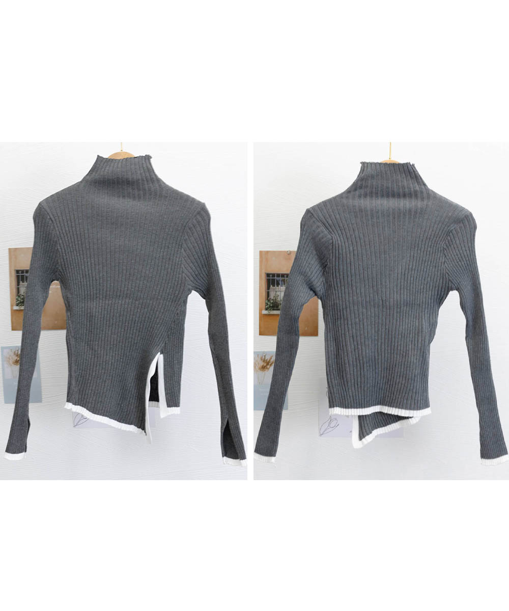 配色ライン入りタートルネックリブニットシャツ　レディース　長袖