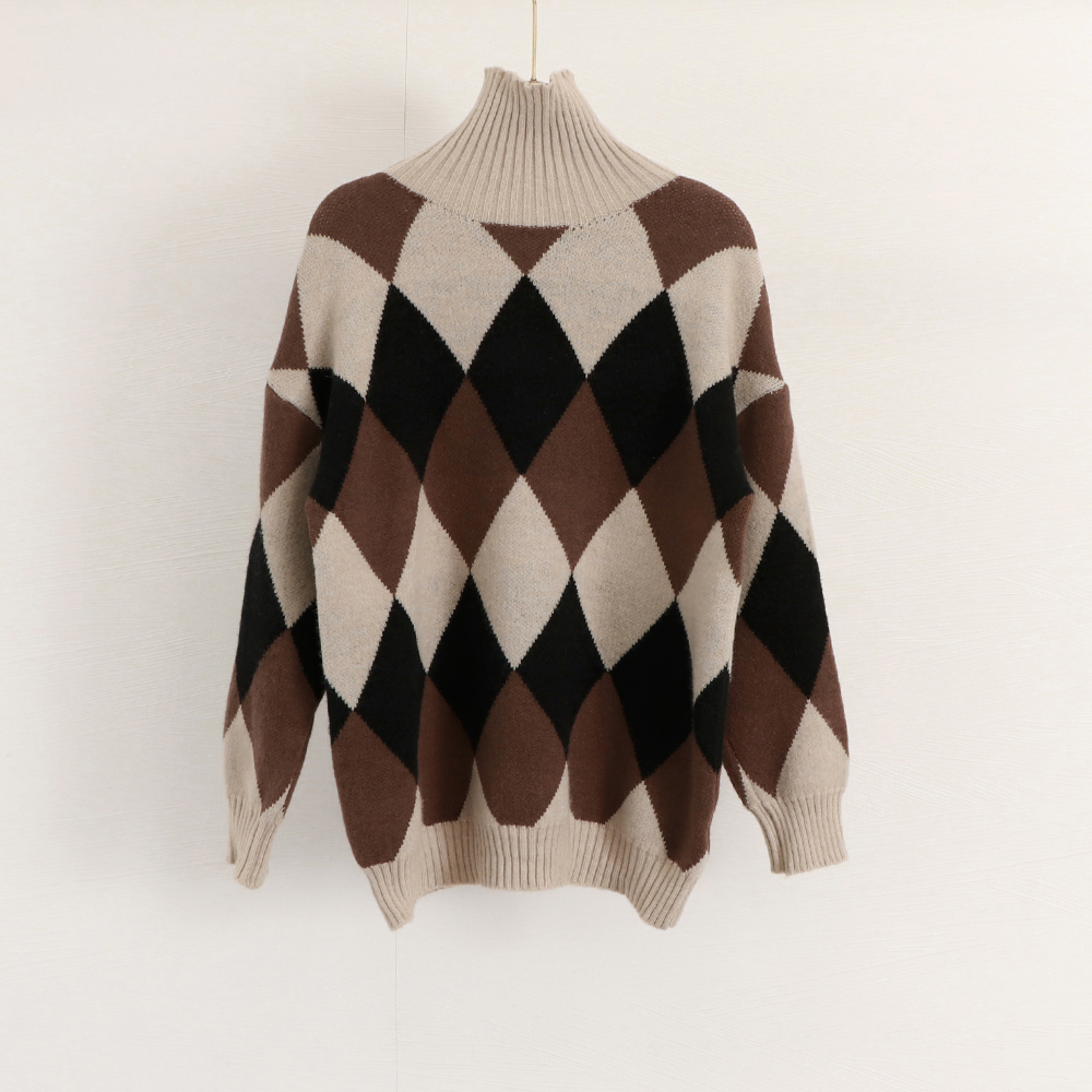 菱形柄タートルネックニットセーター レディース　長袖