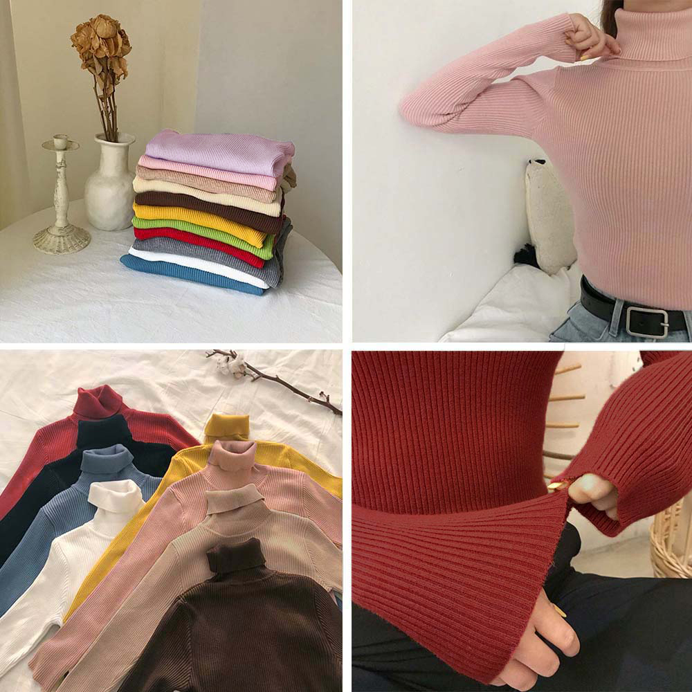 リブ編みタートルネック長袖ニットシャツ　レディース