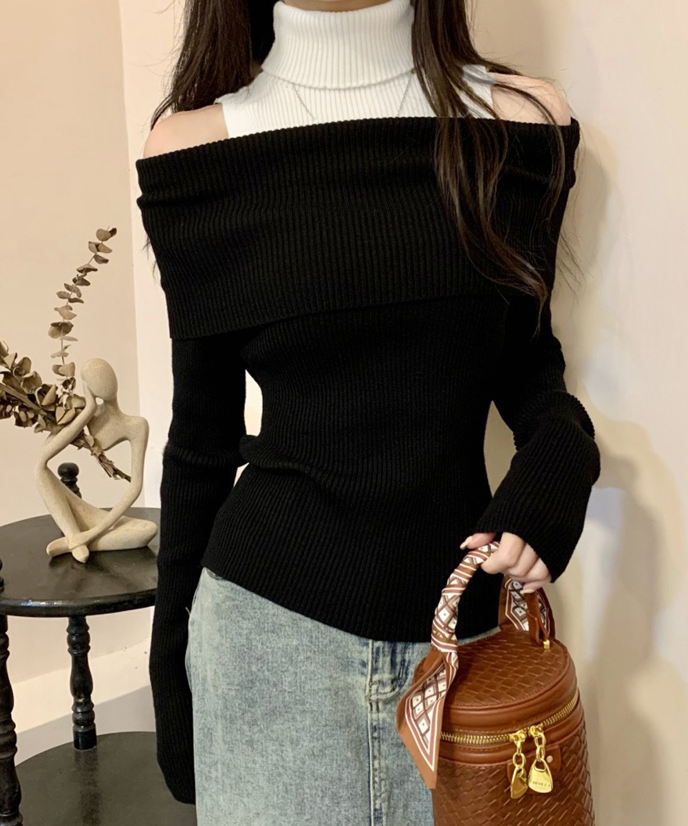 タートルネック　レディース　長袖　リブ編み　美シルエット　肩あき ニット