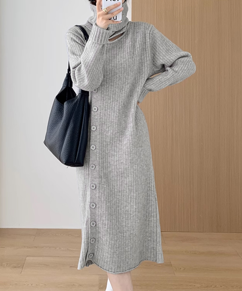 タートルネック ニットカーディガン ワンピース 体型カバー　長袖　ワンピース