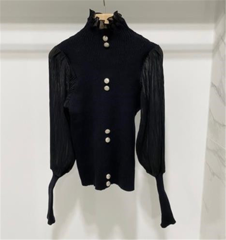 タートルネック　シフォン袖  リブニット シャツ