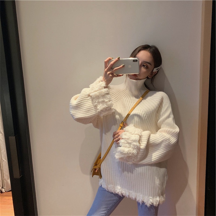 冬新作 フリンジニットシャツ タートルネック 暖かセーター　レディース