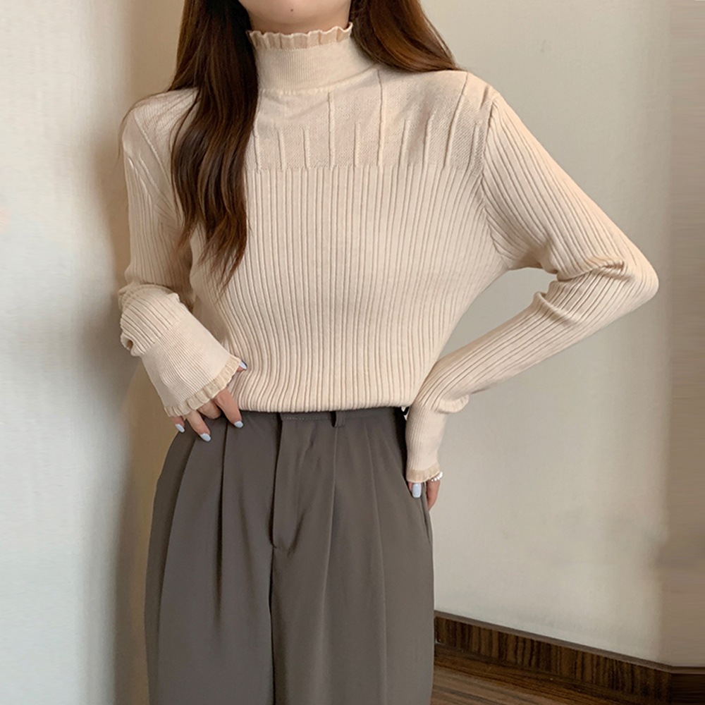 タートルネックニットシャツ フリルデザイン 長袖 レディース
