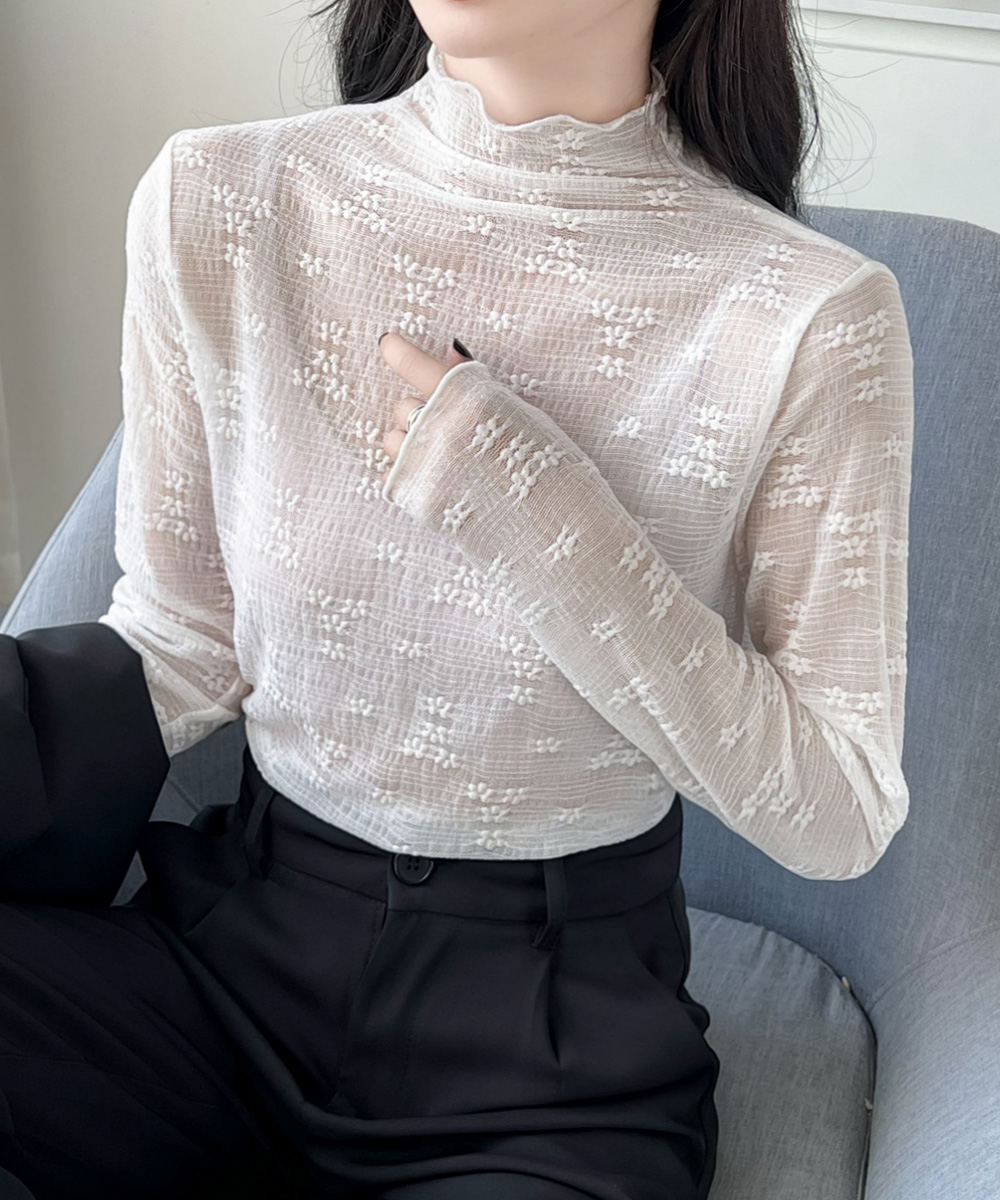 タートルネック　レディース　長袖　花柄タートルネックシースルーシャツ