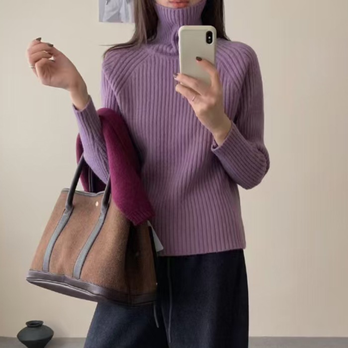 今季必須アイテム 厚手リブ編みタートルネックセーター