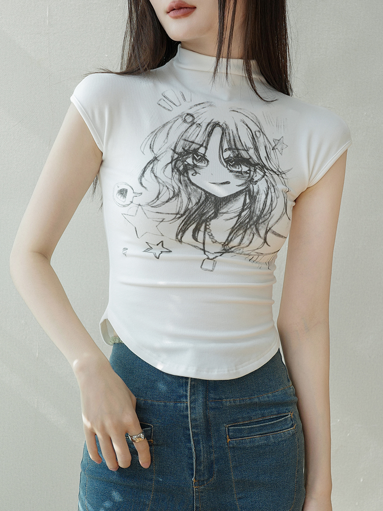 タートルネック　イラストプリント半袖
