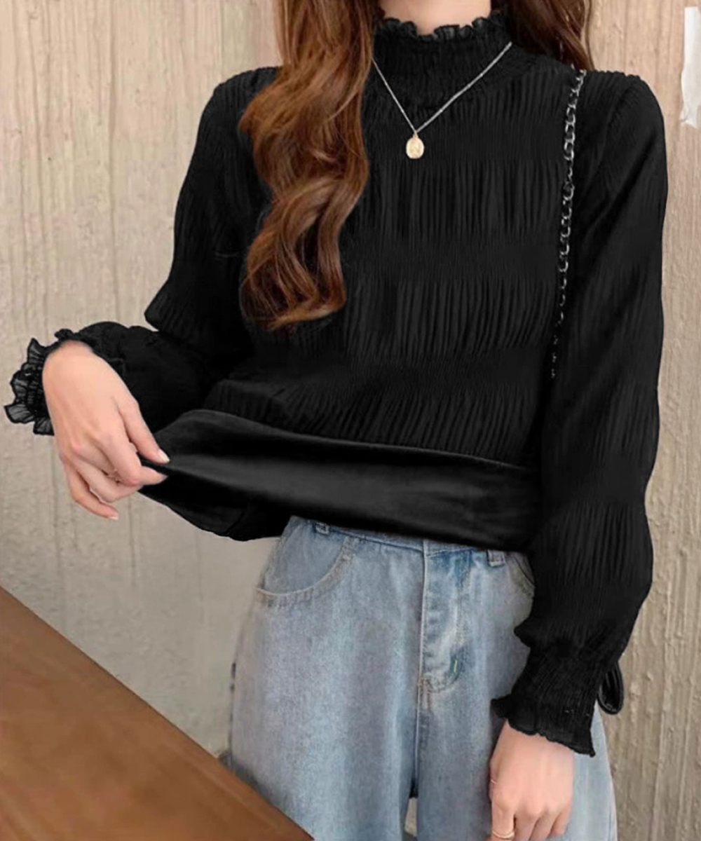 裏起毛フリルタートルネックシャツ韓国風　レディース　長袖