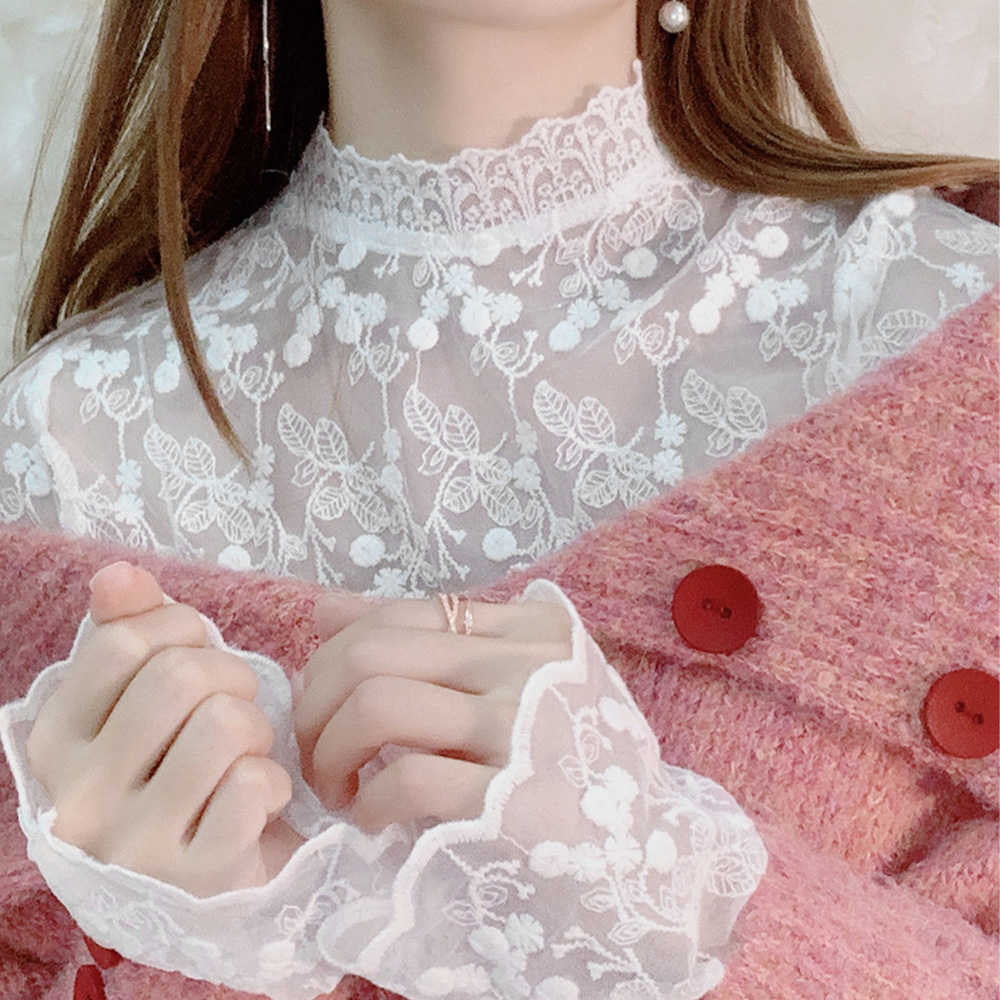 タートルネック　レディース　長袖　花柄レース タートルネックシャツ 長袖